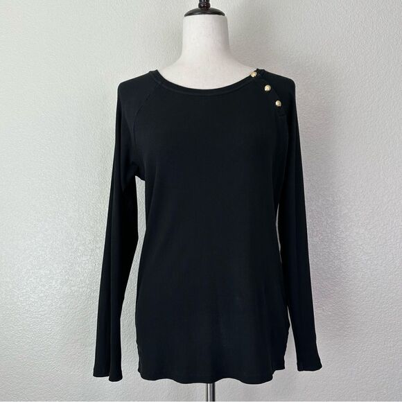 Lauren Ralph Lauren Black Knit Long Sleeves Gold Button Top, Sz Large - Picture 1 of 13